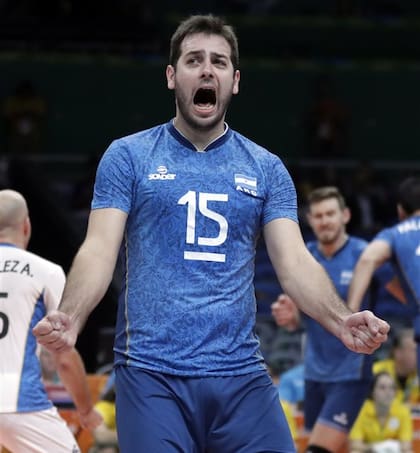 De Cecco, a puro festejo, en los Juegos Olímpicos de Río de Janeiro 2016; un referente de la selección argentina