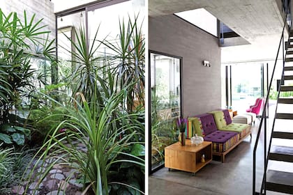 De espaldas al patio interno, sillón capitoné con respaldo trapezoidal y combinación de lisos y rayas (Artesano de Sueños). Mesa baja (Hey Jude).
