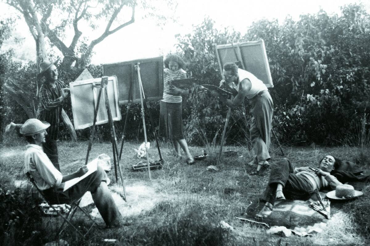 De izq. a der.: Alberto Morera, Aquiles Badi, Raquel Forner, Horacio Butler y Leopoldo Marechal. Además integraban el grupo: Antonio Berni, Lino Enea Spilimbergo, Juan Del Prete, Alfredo Bigatti, Pedro Domínguez Neira, Victor Pissarro y Héctor Basaldúa