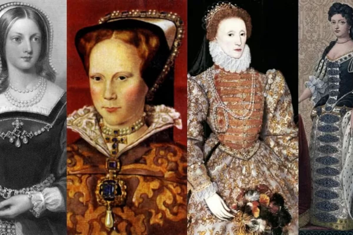 De izq. a der. y con años de reinado: Juana I, 10 al 19 de julio de 1553; María I, 1553-1558; Isabel I, 1558-1603; María II, 1689-1694.