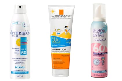 De izq. a derecha. Spray continuo en emulsión FPS 50, protege de las quemaduras. A partir de los 3 años. Dermaglós Solar. Anthelios FPS 50, Leche de fácil aplicación. $600, La Roche Posay. Mousse Pediatric FPS 60 para pieles muy sensibles, puede usarse a partir de los 12 meses. $130, Rayito de Sol