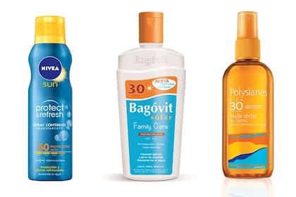 De izq. a derecha. Spray refrescante en aerosol para todo el cuerpo. $289, Nivea. Family Care, protección en emulsión FPS 30. $252, Bagóvit. Aceite seco con monoi y morinda, protección de amplio espectro. $338, Polysianes