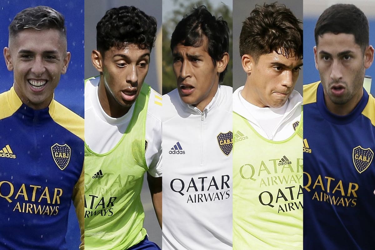 De izquierda a derecha: Agustín Almendra, Cristian Medina, Agustín Obando, Exequiel Zeballos y Alan Varela, productos de las inferiores xeneizes que con Russo tienen la chance de jugar en la primera de Boca