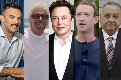 De izquierda a derecha: Ariel Sbdar (Cocos Capital), Richard Branson (Virgin Group), Elon Musk (X, Tesla y SpaceX), Mark Zuckerberg (Meta) y Hugo Basilotta (Guaymallén)