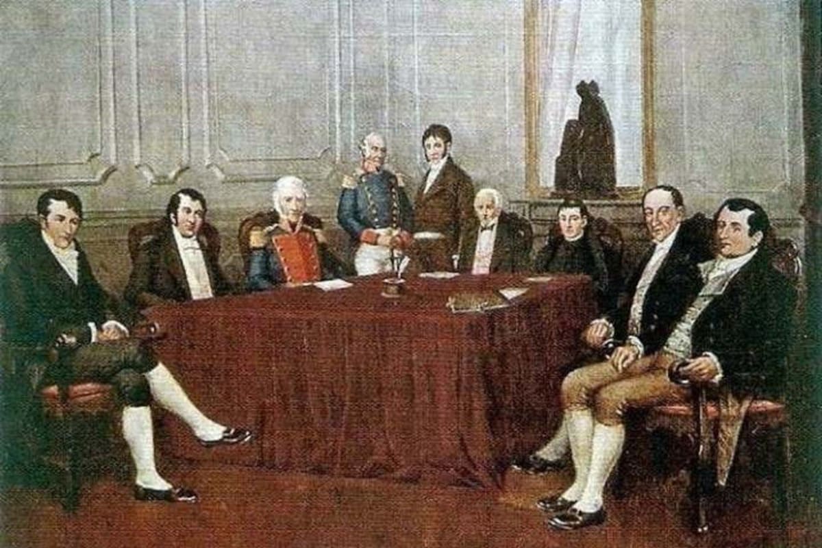 De izquierda a derecha: Belgrano, Castelli, Saavedra, Azcuénaga, Larrea, Matheu, Alberti, Paso y Moreno