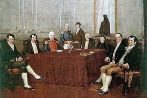 De izquierda a derecha: Belgrano, Castelli, Saavedra, Azcuénaga, Larrea, Matheu, Alberti, Paso y Moreno