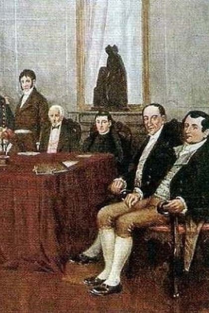 De izquierda a derecha: Belgrano, Castelli, Saavedra, Azcuénaga, Larrea, Matheu, Alberti, Paso y Moreno.