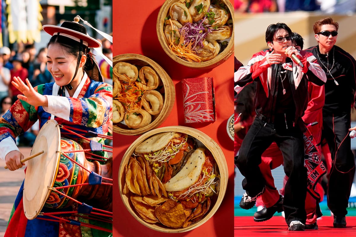 De izquierda a derecha: danzas tradicionales del festival Hanguk Fest que se realizará en Chacarita; platos típicos de la gastronomía coreana, y el grupo de K-pop BTS, un fenómeno mundial que llegó a nuestro país