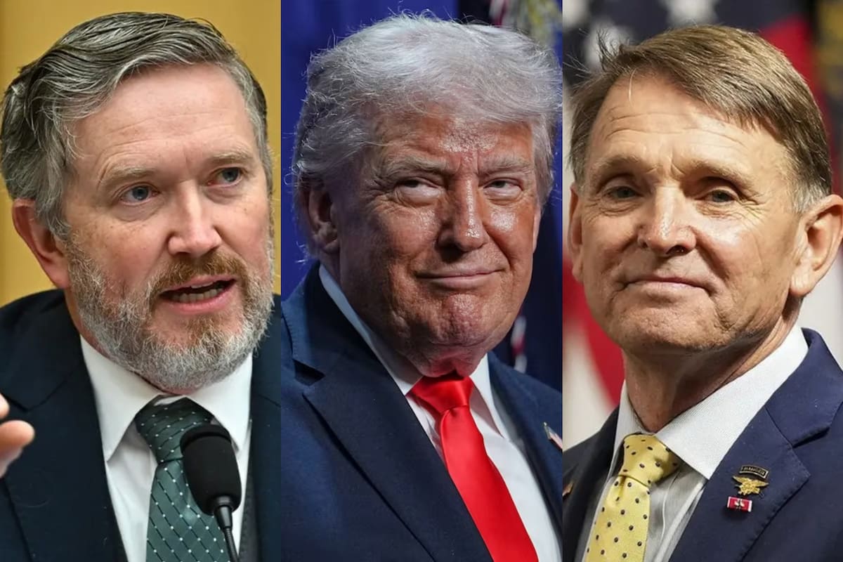De izquierda a derecha: el representante Thomas Massie, el presidente Donald Trump y el ganador de la primaria republicana en Kentucky, Ed Gallrein.