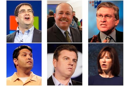 De izquierda a derecha, Eric Rudder, Kevin Turner, Jeff Raikes y (abajo) Terry Myerson, Tony Bates y Julie Larson-Green, ejecutivos senior de Microsoft que podrían ser el futuro CEO