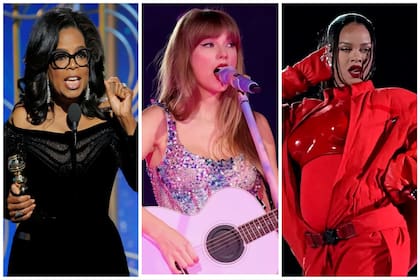 De izquierda a derecha: la presentadora de televisión Oprah Winfrey y las cantantes Taylor Swift y Rihanna