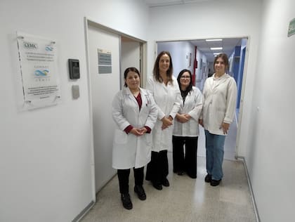 De izquierda a derecha: Natalia Reyes, autora principal del estudio, y Marcela Echavarría, jefa de la Unidad de Virología Cemic-Conicet, junto a las becarias doctorales Raquel Jara y Sofía Rosenzweig