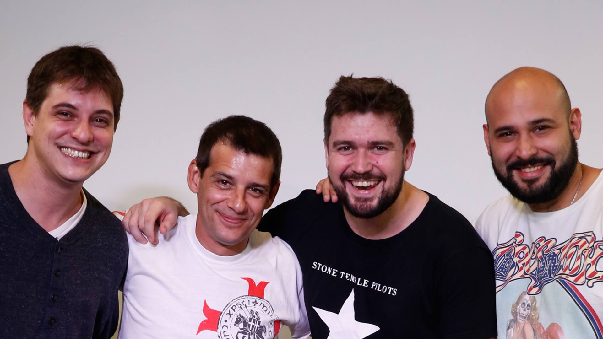 Cuatro de los referentes del humor radial. De izquierda a derecha: Martín Bilyk, Pesky, Pato Muzzio y Nacho Bulian