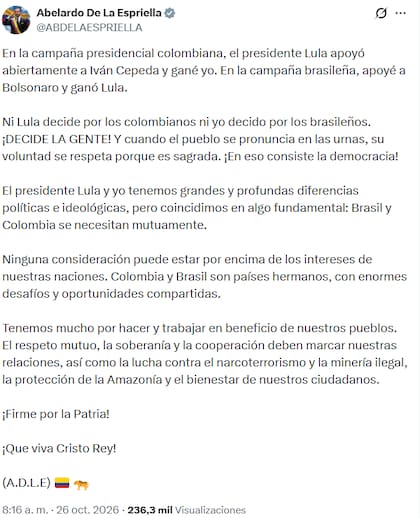 De la Espriella felicitó a Lula
