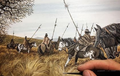 “De médanos y caldenes“, uno de sus óleos, donde recrea la historia argentina