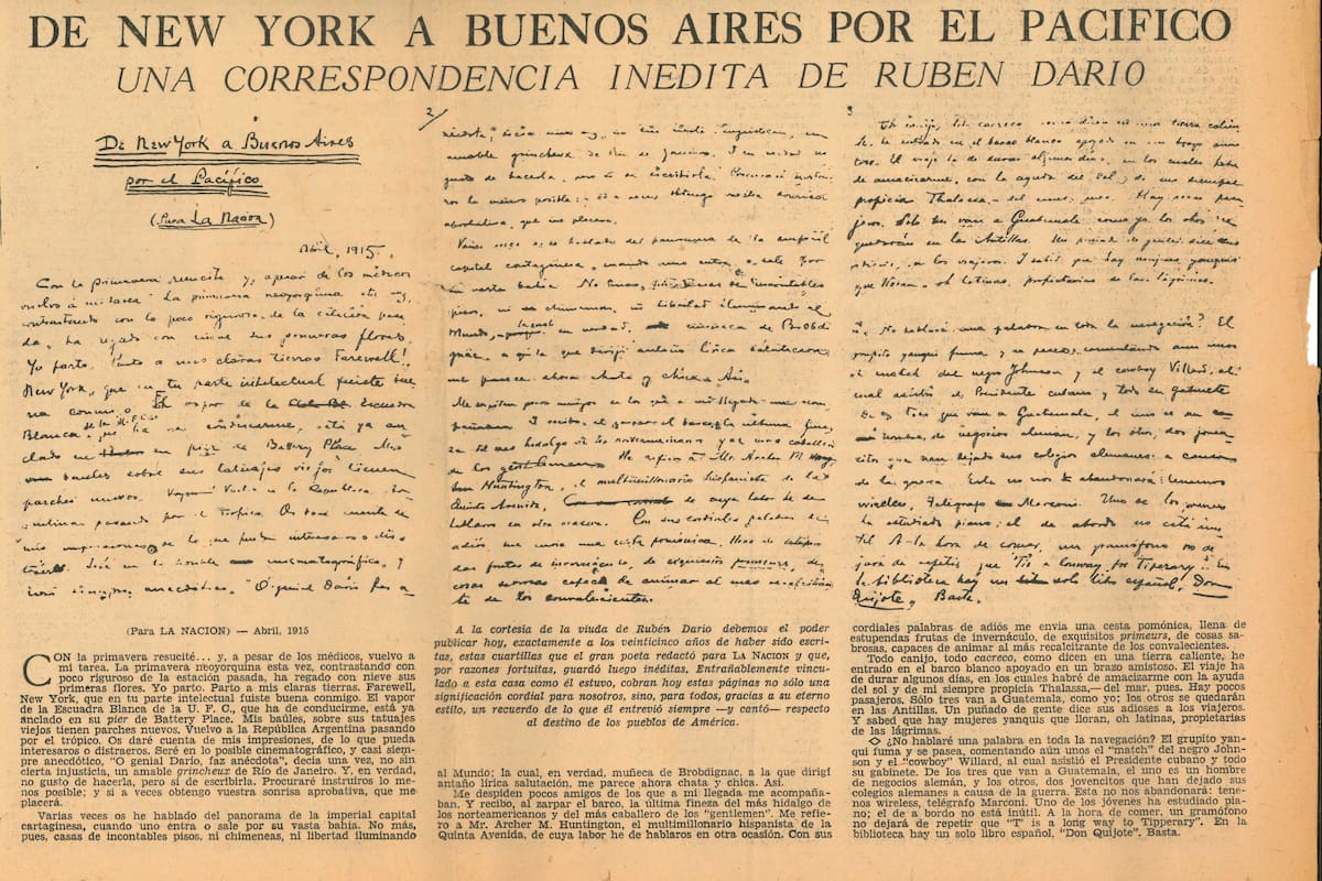 "De New York a Buenos Aires por el Pacífico", la última crónica de Rubén Darío para LA NACION, escrita en abril de 1915 y publicada en 1940