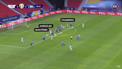 De Paul lanzará al área y cabeceará Otamendi; fue la primera jugada preparada de Argentina de un tiro libre lateral; también entraron con libertad Romero, Lautaro y hasta Messi
