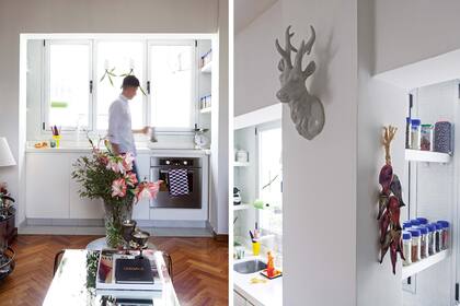 De riguroso blanco y con mesada de Silestone, la cocina no desentona con el sector social. Y, sobre todo, comparte su luz y tiene una buena ventilación cruzada.