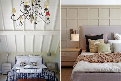 De su casa, el dormitorio blanco con pie de cama azul con letras estampadas