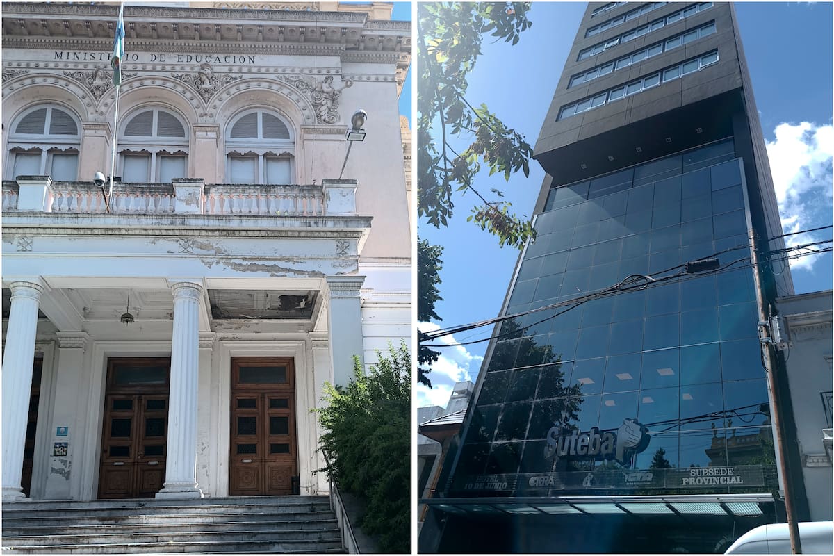 De un lado, el Ministerio de Educación de la Provincia, deteriorado y con sectores en ruinas. Del otro, un edificio del Suteba, el gremio de Baradel, lujoso y opulento. Están ubicados en la calle 13 entre 56 y 57 de La Plata, uno frente al otro, y constituyen una metáfora de la Argentina: gremios ricos y afiliados pobres; sindicatos poderosos e instituciones débiles