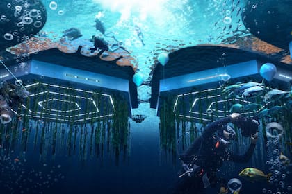 Debajo de las plataformas habrán granjas submarinas que permitirán realizar cultivos de algas y frutos de mar para consumo sustentable de estas ciudades