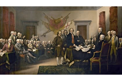 Declaración de Independencia en Filadelfia, Estados Unidos, óleo sobre lienzo de John Trumbull, 1818; en la rotonda del Capitolio de los Estados Unidos, Washington D. C.