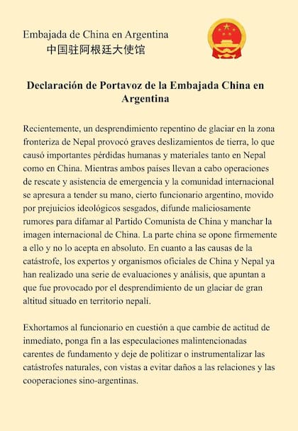 Declaración de la embajada china