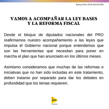 Declaración del bloque de diputados de Pro