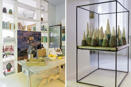 Del lado de la cocina, la biblioteca divisoria aloja una fotografía de José Pereyra Lucena con un acrílico que produce infinitos reflejos. Entre las piezas que la rodean se destacan la escultura Los Pinos, de Maite Pérez Cobo (Galería Mar Dulce).