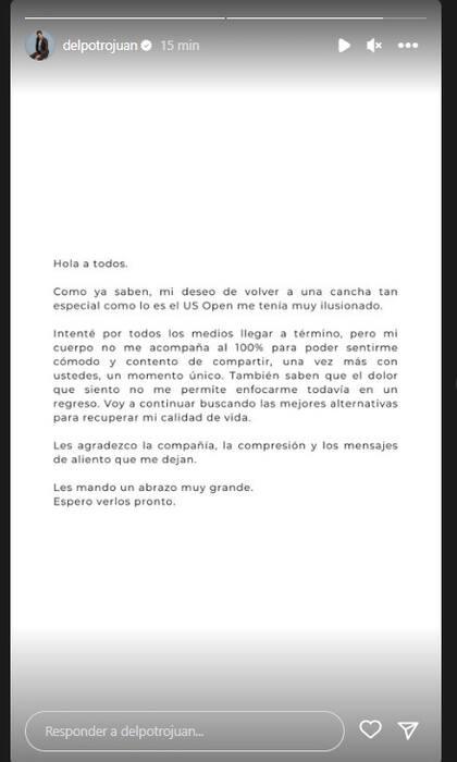 Del Potro anunció su baja del US Open en sus redes sociales
