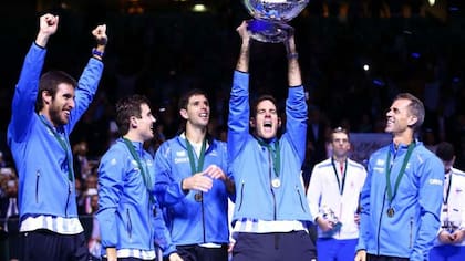 Leo Mayer, Guido Pella, Federico Delbonis, Juan Martín del Potro y Daniel Orsanic, protagonistas en la conquista de la Copa Davis 2016, ante Croacia, en Zagreb.