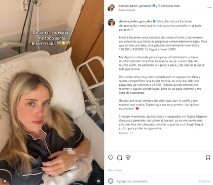Denisse González debió quedar internada tras los resultados arrojados en un estudio de rutina que se realizó (Foto: Instagram @denisse_belen_gonzalez)
