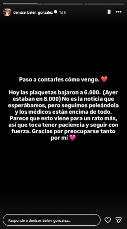 Denisse González reveló que su estado de salud continúa siendo delicado y que seguirá internada (Foto: Instagram @denisse_belen_gonzalez)