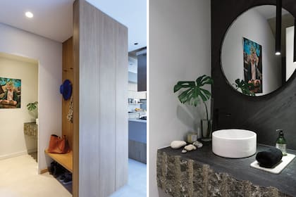 Dentro del núcleo revestido en petiribí hay una suerte de mudroom y el acceso al toilette, donde cuelga una obra de Alejandro Pasquale.