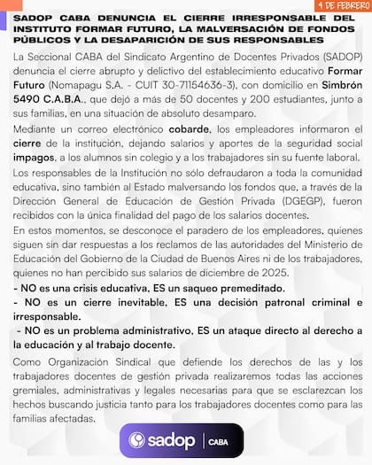Denuncia de Sindicato Argentino de Docentes Privados (SADOP)