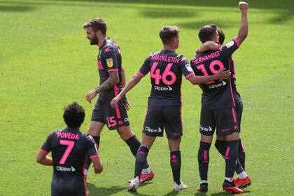 Derby County v Leeds United - Pride Park, Derby, Britain - July 19, 2020 Leeds Uniteds Pablo Hernandez celebrates scoring their first goal, as play resumes behind closed doors following the outbreak of the coronavirus disease (COVID-19