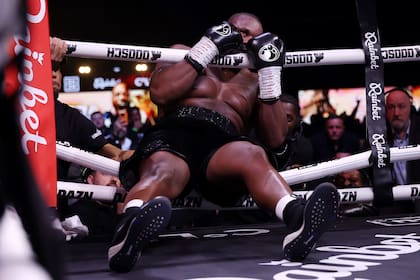 Derek Chisora sobre las cuerdas después de recibir un derechazo brutal de Deontay Wilder. (Photo by Richard Pelham/Getty Images)