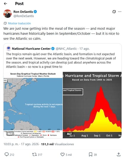 DeSantis alerta que aunque el Atlántico se muestre tranquilo, el pico de la temporada ocurrirá en septiembre y octubre