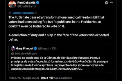 DeSantis criticó a los republicanos de la Cámara de Representantes y calificó la falta de avance del proyecto de ley como "un bofetón en la cara de los votantes"