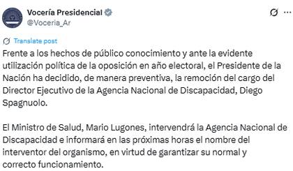 Desde el Gobierno anunciaron la remoción de Diego Spanguolo de la Agencia Nacional de Discapacidad (X: @Voceria_Ar)