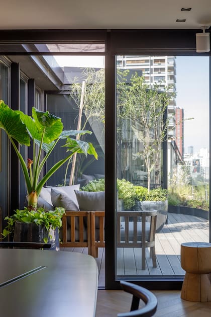 Desde el quincho, vista de la terraza y, más allá, un dormitorio con frente vidriado cuya privacidad protegen los árboles en maceta.