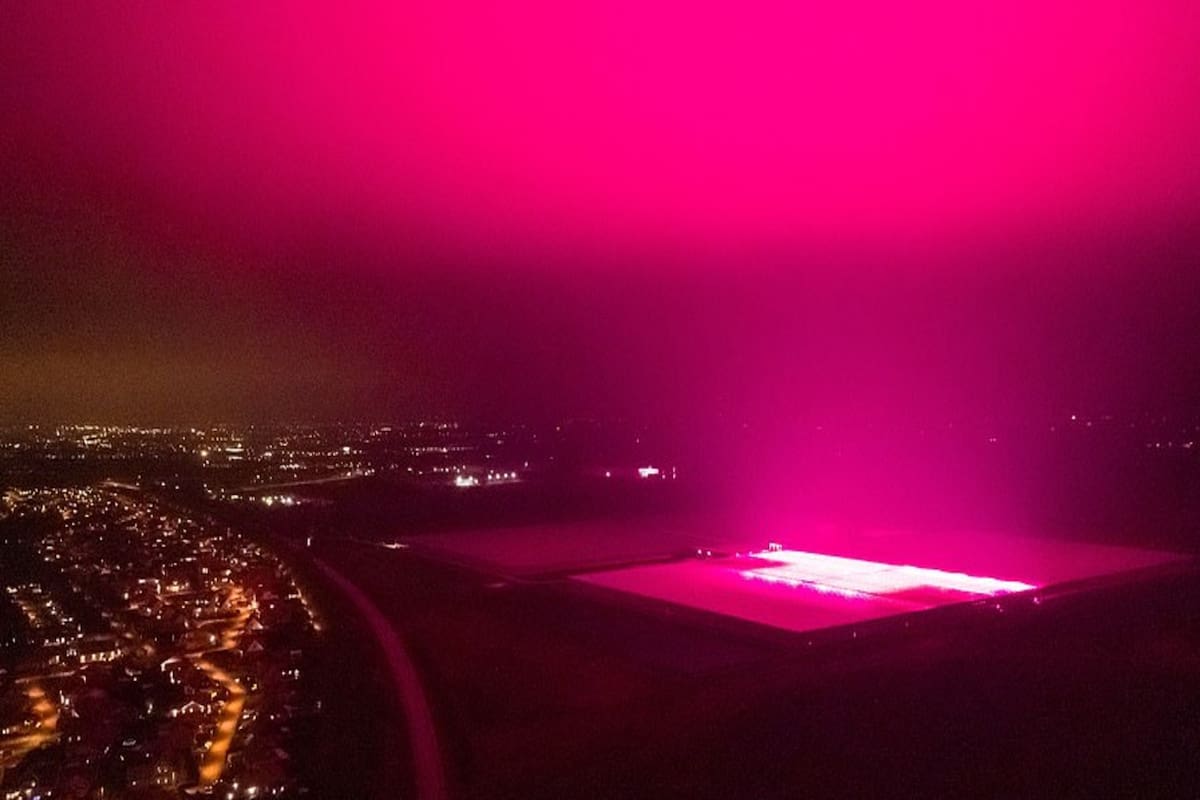 Desde hace más de un mes, las noches de los habitantes de una ciudad sueca, Trelleborg, se convierten en un impresionante espectáculo color púrpura que parece presagiar lo peor pero que solo es el reflejo de una granja de tomates