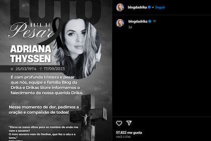 Desde la cuenta de Instagram de la influencer informaron sobre la muerte (Foto Instagram @blogdadrika)