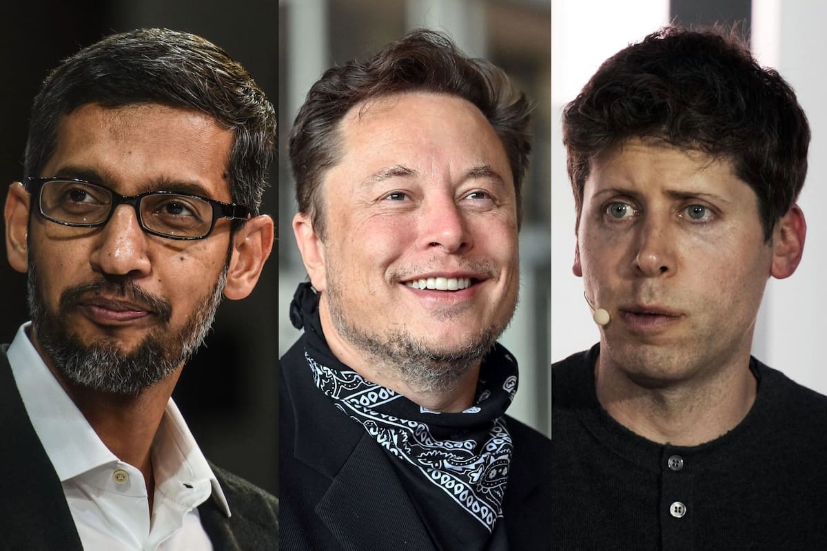 Desde la izquierda: Sundar Pichai, CEO de Google; Elon Musk, CEO de SpaceX y Tesla; Sam Altman, CEO de OpenAI