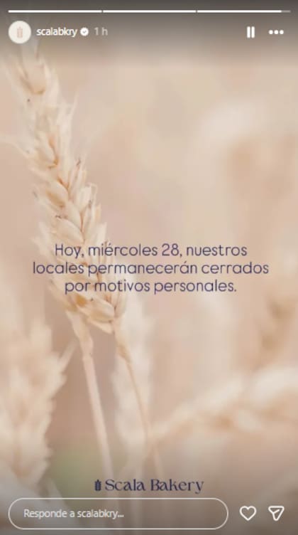 Desde la panadería de Corina Scaloni anunciaron que los locales permanecerán cerrados este miércoles (Foto: Instagram @scalabkry)