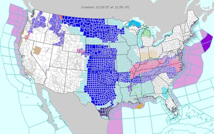 Desde las Dakotas hasta Texas, una masa de aire ártico lleva temperaturas congelantes al centro de Estados Unidos (en azul) y comienza a desplazarse hacia el Este (en celeste)