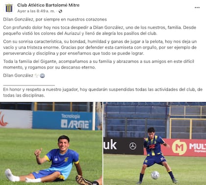 "Desde pequeño vistió los colores del Auriazul y llenó de alegría los pasillos del club", comunicó Bartolomé Mitre