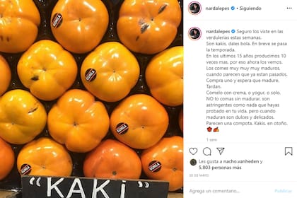 Desde su cuenta de Instagram @nardalepes, la cocinera argentina posteó una invitación a probar kakis (caqui) y comerlos con yogur o crema.