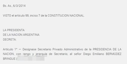 Designación de Diego Bermúdez como Secretario Privado Administrativo de la Presidencia en 2014.