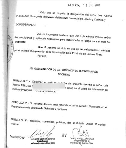 Designación de Peluso al frente de Loterías en la provincia de Buenos Aires en 2007.
